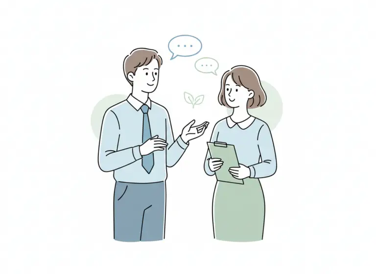 Firefly Gemini Flash 男性と女性の介護支援専門員同士が会話しているイラストを少ない線数でシンプルな画像で作成 334163 768x560