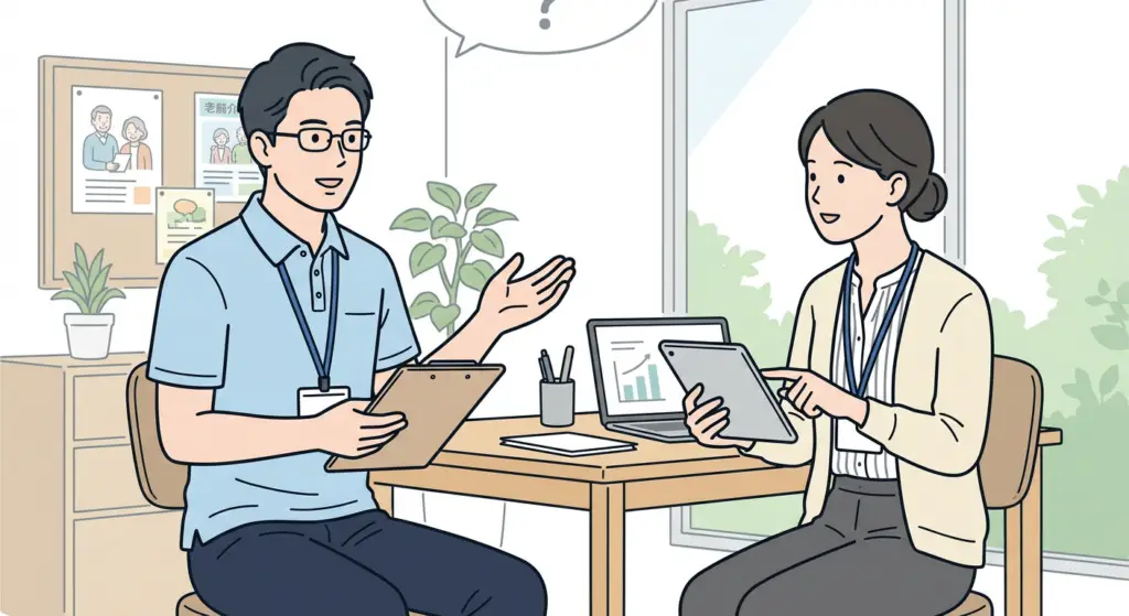 Firefly Gemini Flash 男性と女性の介護支援専門員同士が疑問に答えているイラストを少ない線数でシンプルな画像で作成 585827 1024x559